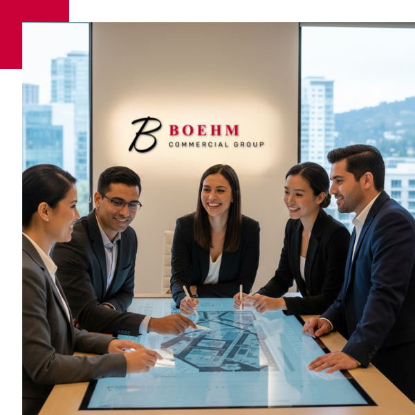 diverse team of five professionals collaborating around a modern interactive table displaying commercial property plans