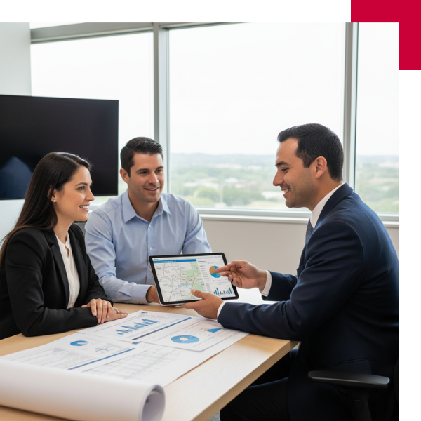a broker in a suit is smiling and presenting market data and a map on a tablet to a happy couple