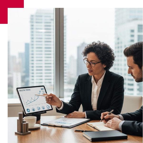 Two professionals discussing industry trends in a modern office.