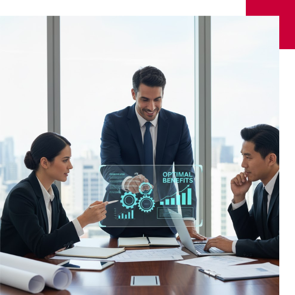 Three diverse business professionals collaborating in a modern meeting room