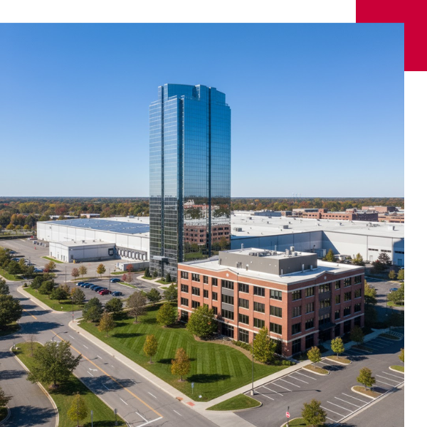 An aerial view of a vibrant commercial real estate complex under a clear blue sky,