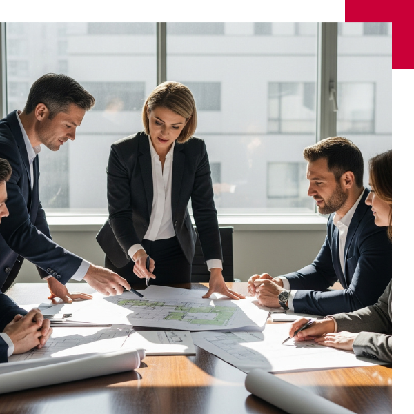 Team of business professionals looking over property designs - Boehm Commercial Group