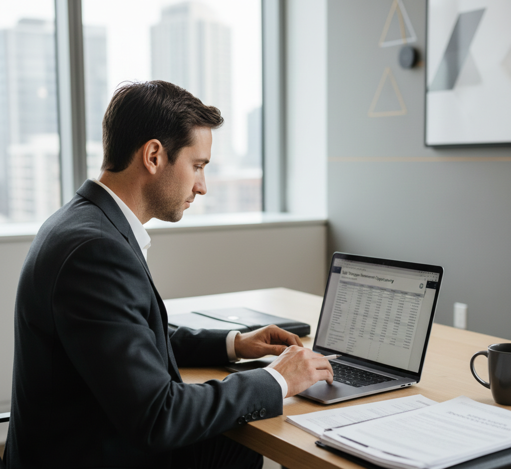 Commercial real estate broker reviewing self-storage investment materials and buyer outreach data