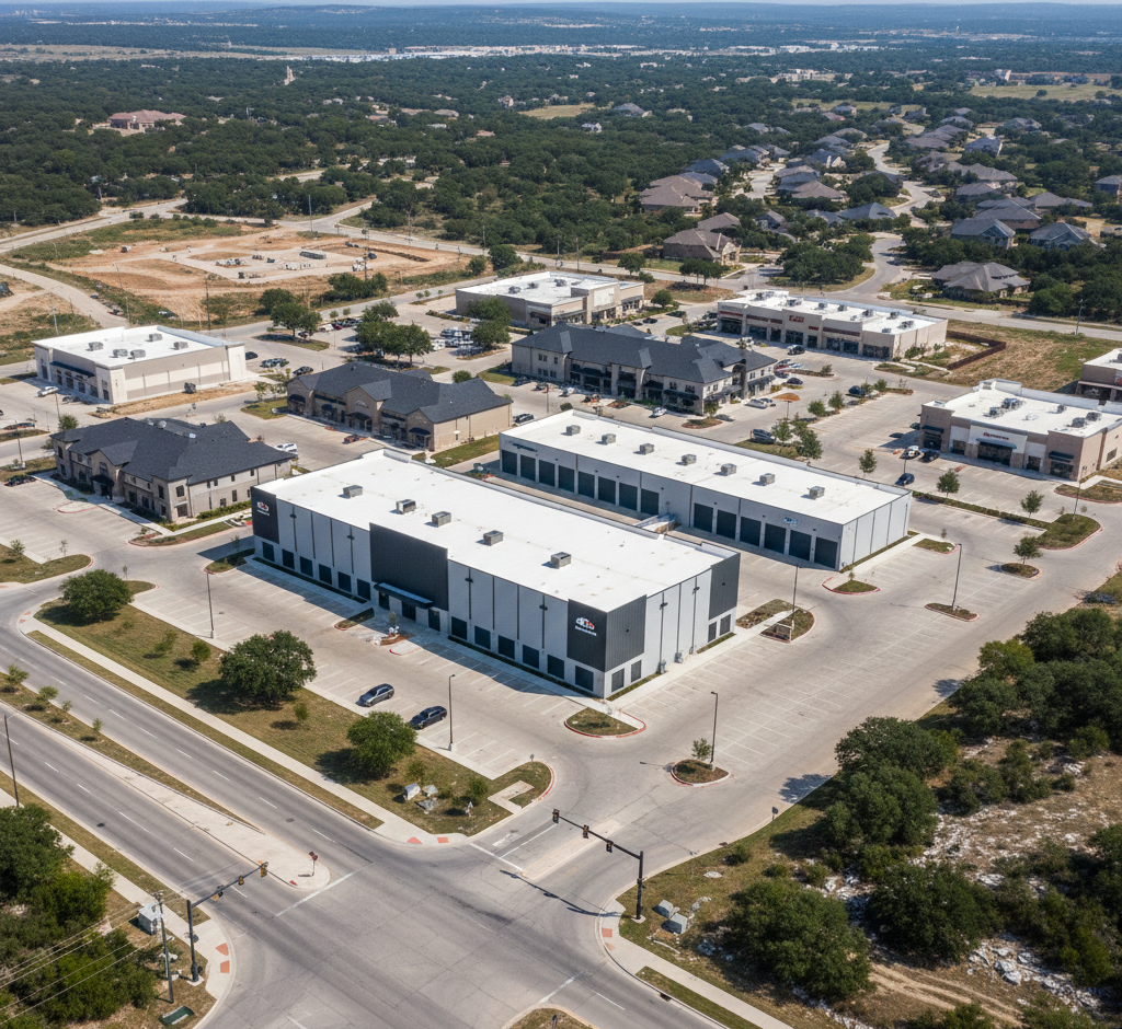Aerial view of a Texas self-storage facility showing local market context and surrounding development