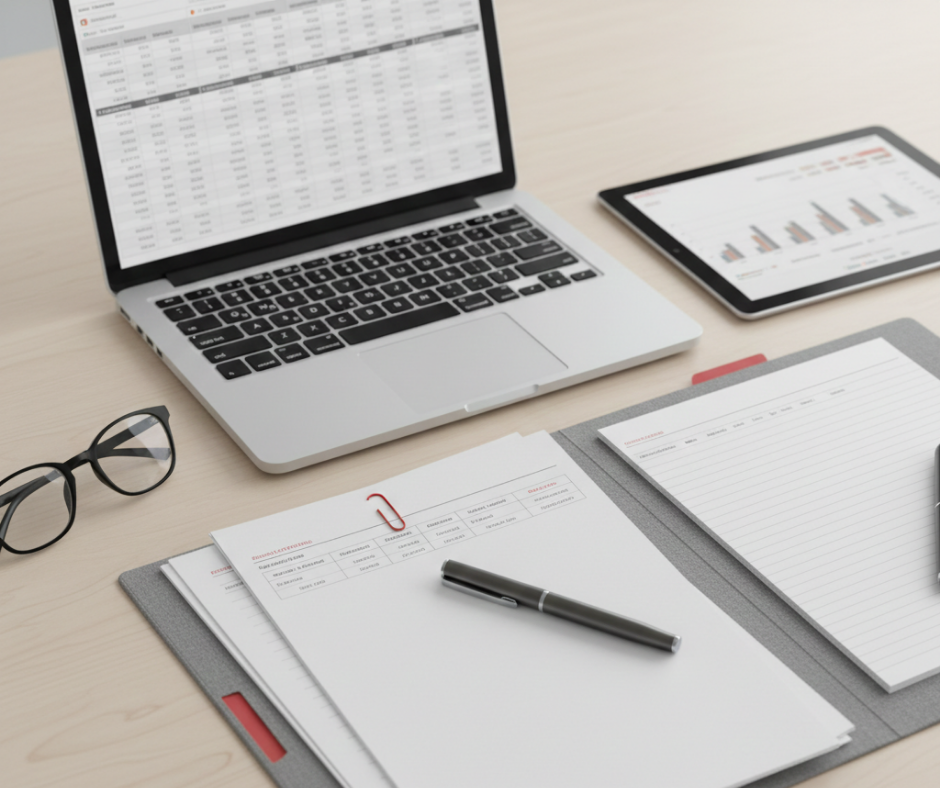 Organized financial documents and spreadsheets used in self-storage buyer due diligence