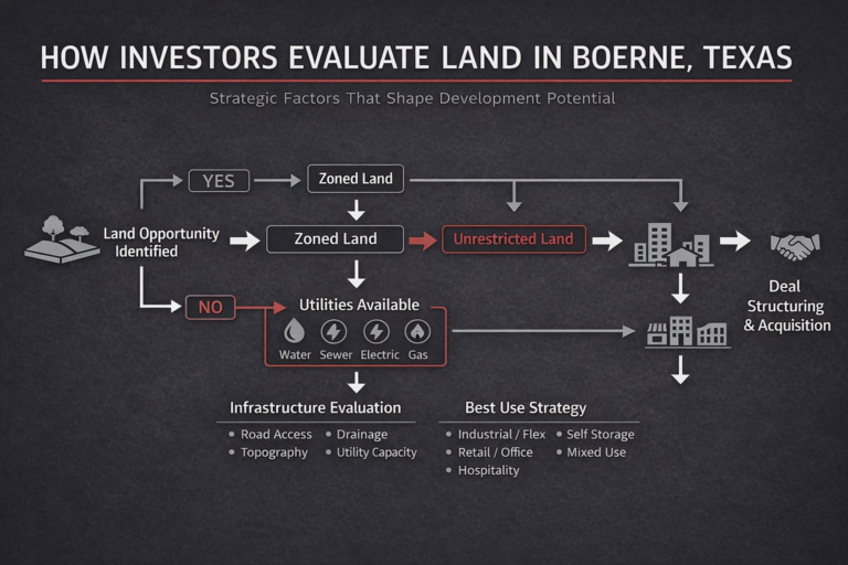Infographic showing how investors evaluate land in Boerne Texas including zoning, utilities, infrastructure, and development strategy.