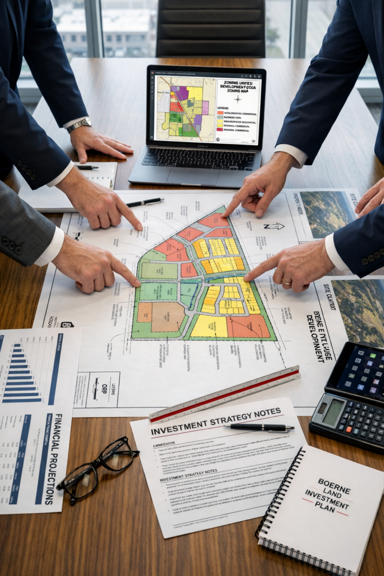 Investors reviewing development plans and zoning maps for land investment opportunities in Boerne Texas.