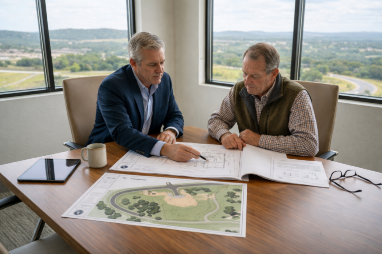 Commercial real estate advisor reviewing development plans with landowner in Texas Hill Country