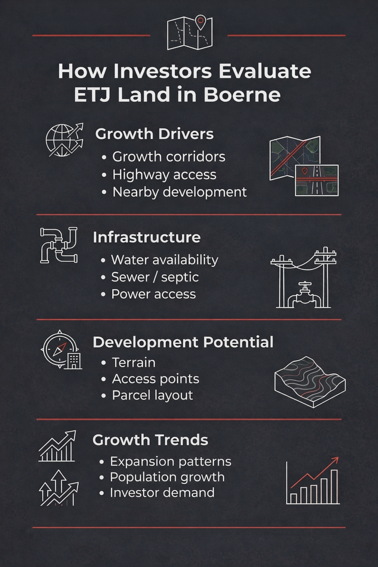 How investors evaluate ETJ land in Boerne including growth drivers, infrastructure, and development potential
