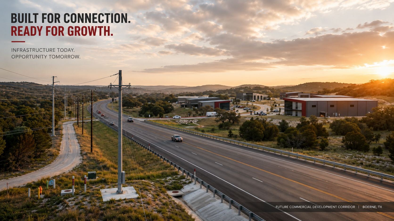 Commercial utility infrastructure and development corridor in Boerne TX and the Texas Hill Country.