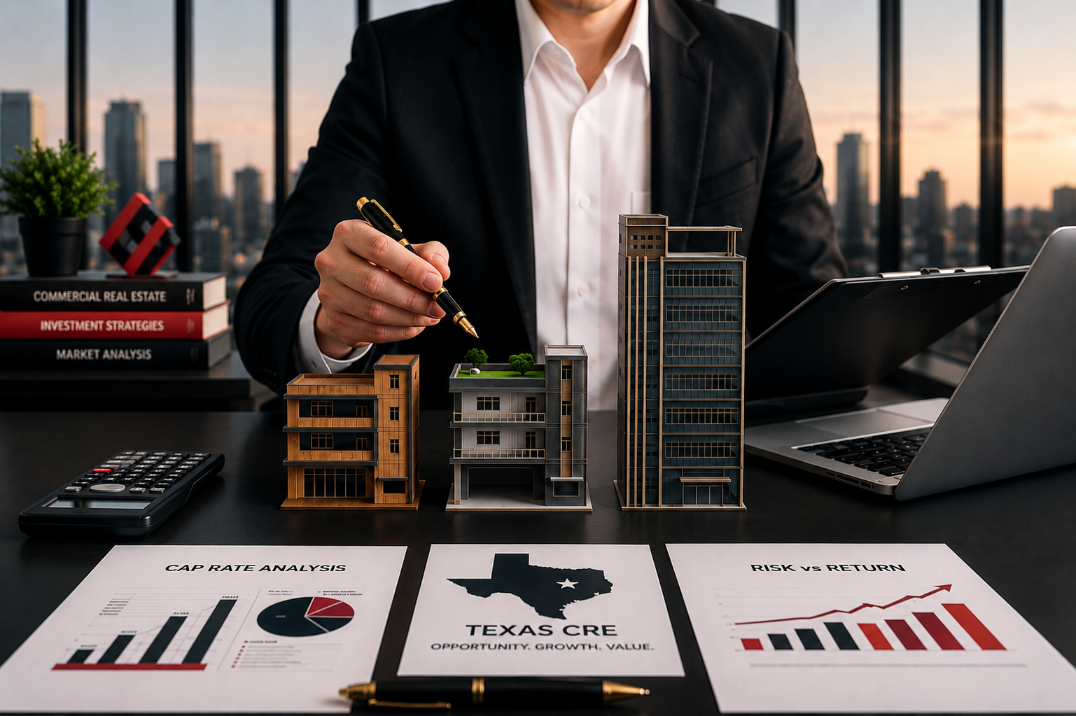 Texas CRE cap rate analysis and commercial real estate investment strategy in a modern office setting.