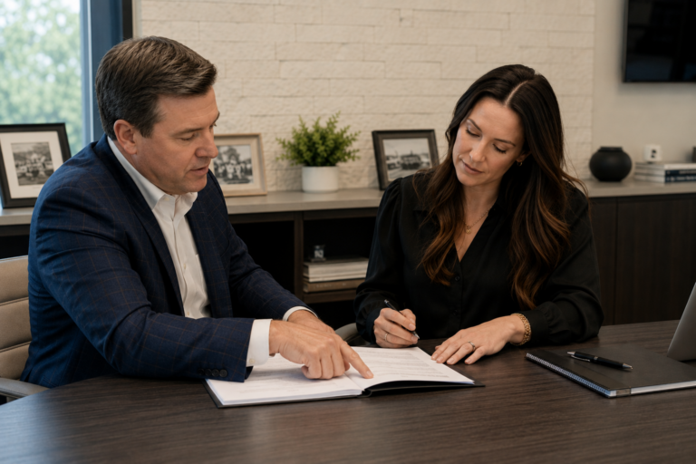 Two realtors reviewing a contract,