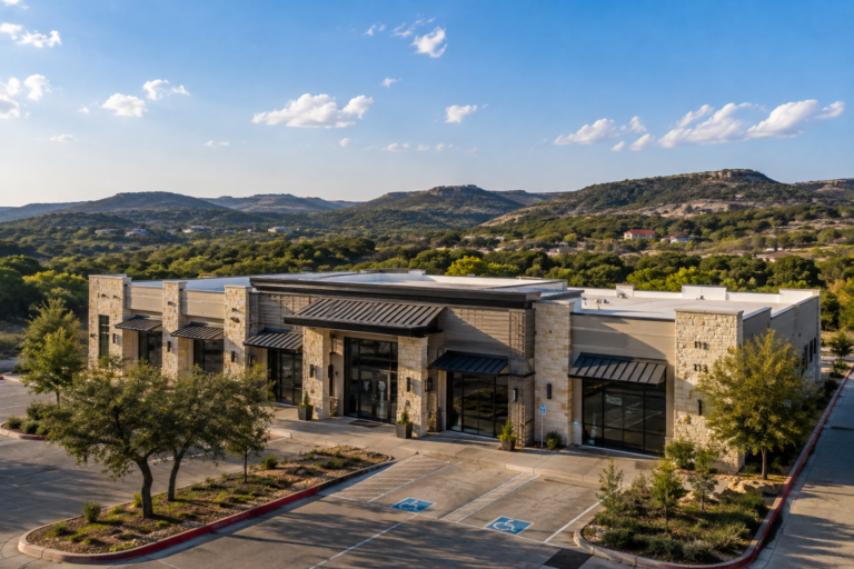 Commercial building with the Texas Hill Country in the background.