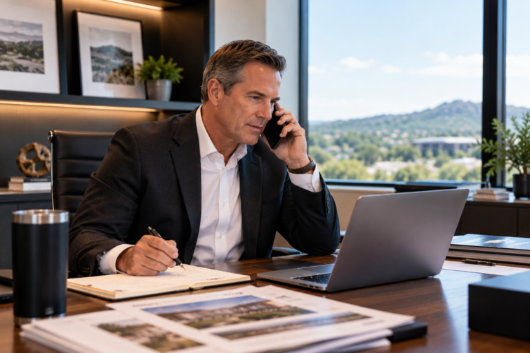 Commercial realtor talking on the phone in an office.