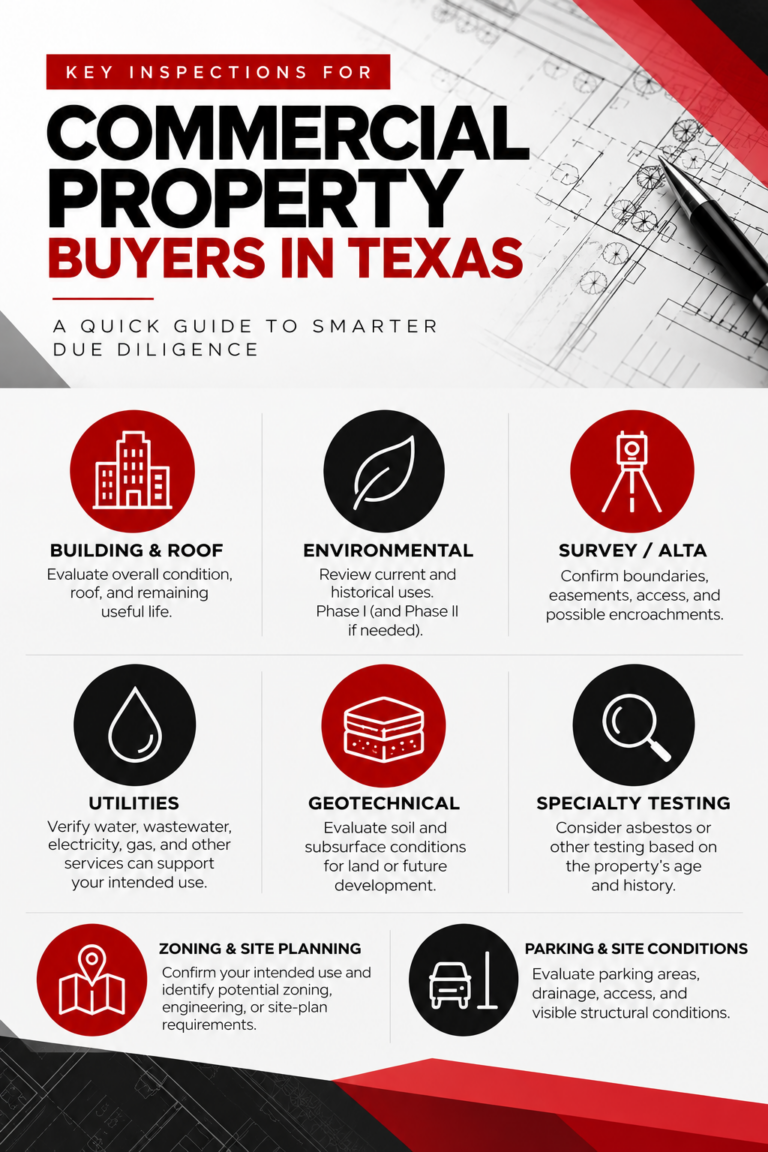 Infograph of Texas commercial property inspection guide.